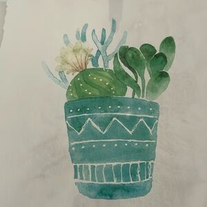 Cactus print green and blue color. Brown frame slight imperfection see photo